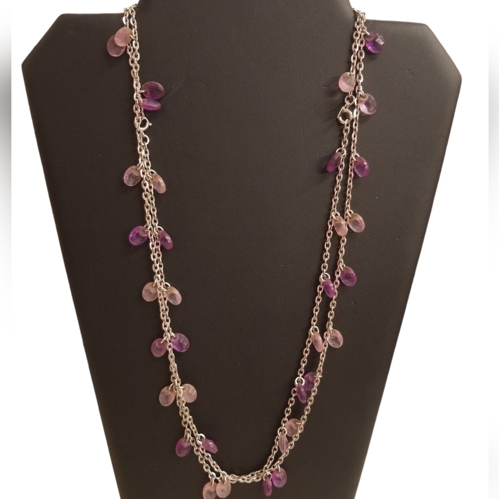 SARAH COVENTRY VINTAGE PURPLE BEAD & SILVERTONED CHAIN LONG NECKLACE